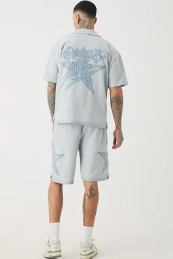 Tall Oversized Textured Star Applique Shirt | BoohooMAN UK