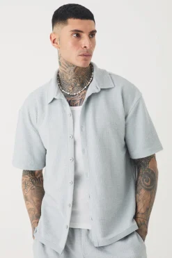 Tall Oversized Textured Star Applique Shirt | BoohooMAN UK