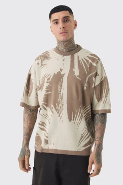 Tall Oversized Tonal Abstract Drawing Knitted T-shirt | BoohooMAN UK