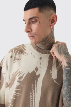 Tall Oversized Tonal Abstract Drawing Knitted T-shirt | BoohooMAN UK
