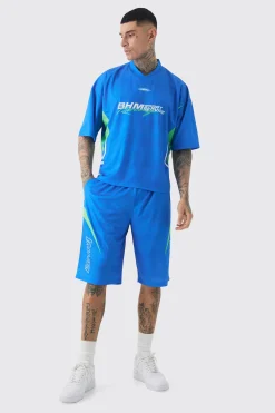 Tall Oversized V Neck Mesh Moto Printed T-shirt & Short Set | BoohooMAN UK