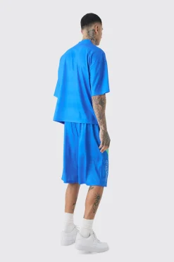 Tall Oversized V Neck Mesh Moto Printed T-shirt & Short Set | BoohooMAN UK
