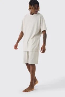 Tall Oversized Waffle Lounge Short Set In Grey | BoohooMAN UK