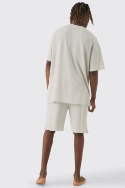 Tall Oversized Waffle Lounge Short Set In Grey | BoohooMAN UK