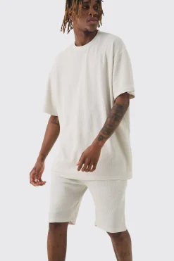 Tall Oversized Waffle Lounge Short Set In Grey | BoohooMAN UK