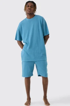 Tall Oversized Waffle Lounge Short Set In Blue | BoohooMAN UK