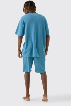 Tall Oversized Waffle Lounge Short Set In Blue | BoohooMAN UK