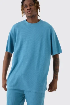 Tall Oversized Waffle Lounge Short Set In Blue | BoohooMAN UK