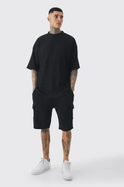 Tall Oversized Waffle T-shirt & Cargo Short Set | BoohooMAN UK