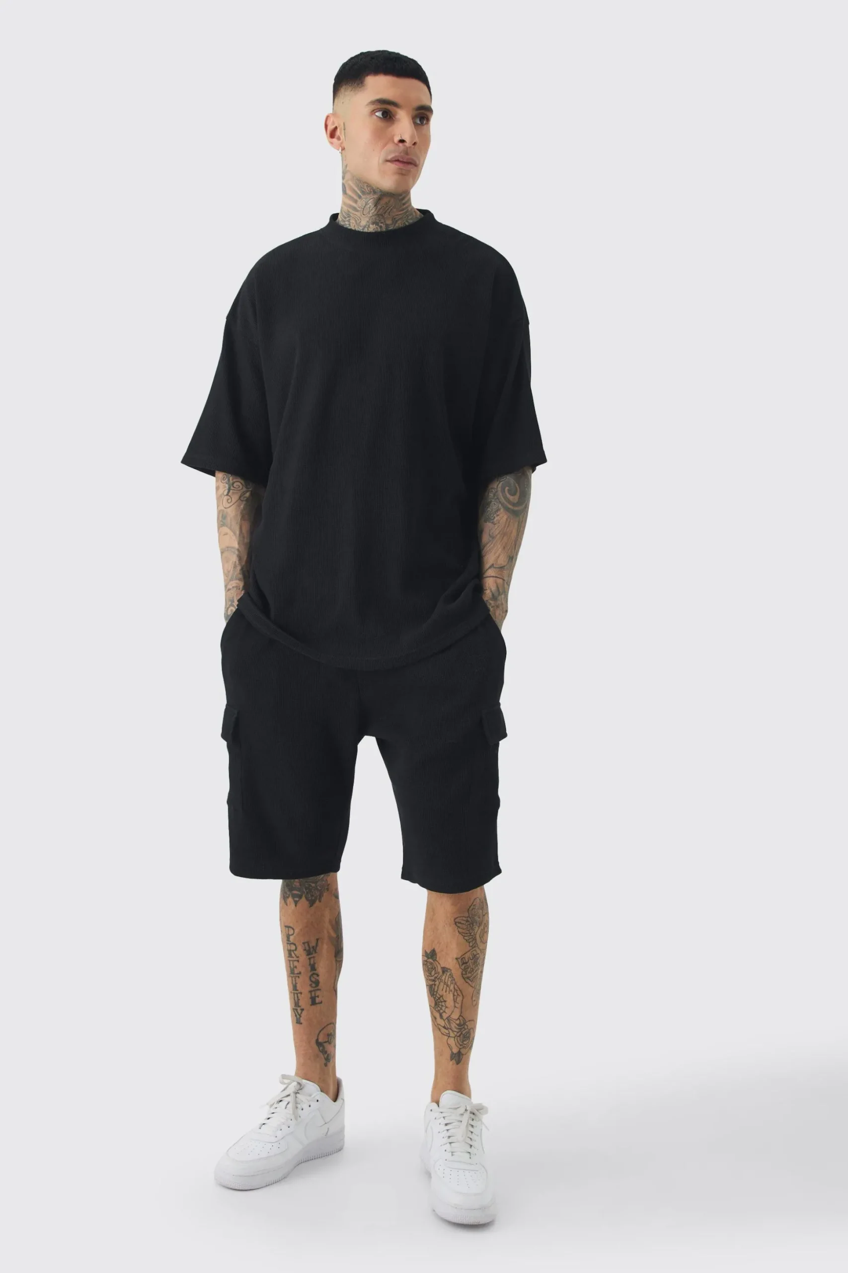Tall Oversized Waffle T-shirt & Cargo Short Set | BoohooMAN UK