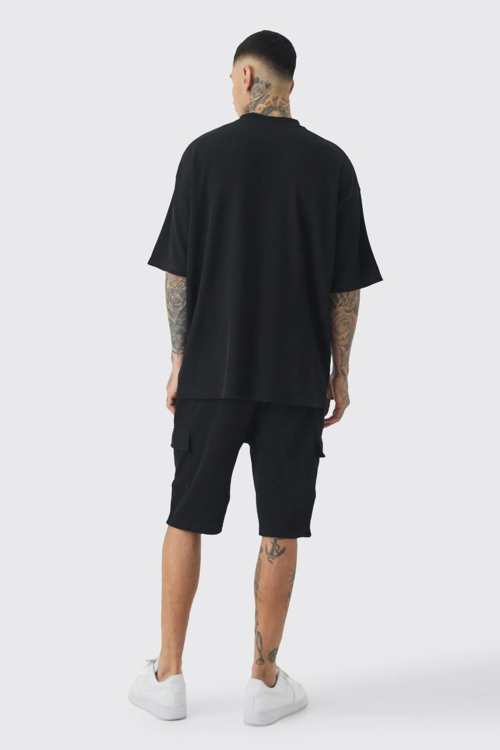 Tall Oversized Waffle T-shirt & Cargo Short Set | BoohooMAN UK