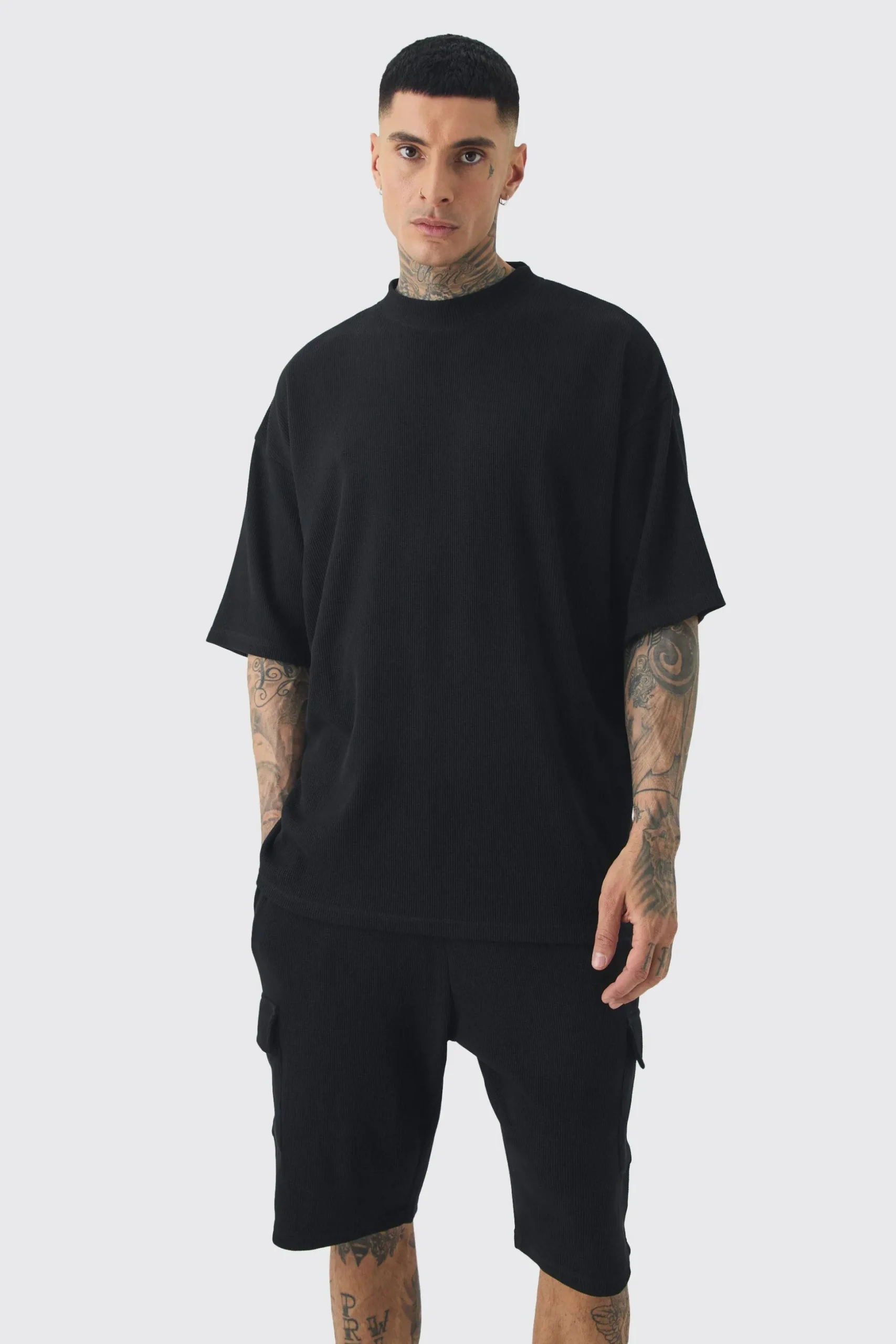 Tall Oversized Waffle T-shirt & Cargo Short Set | BoohooMAN UK