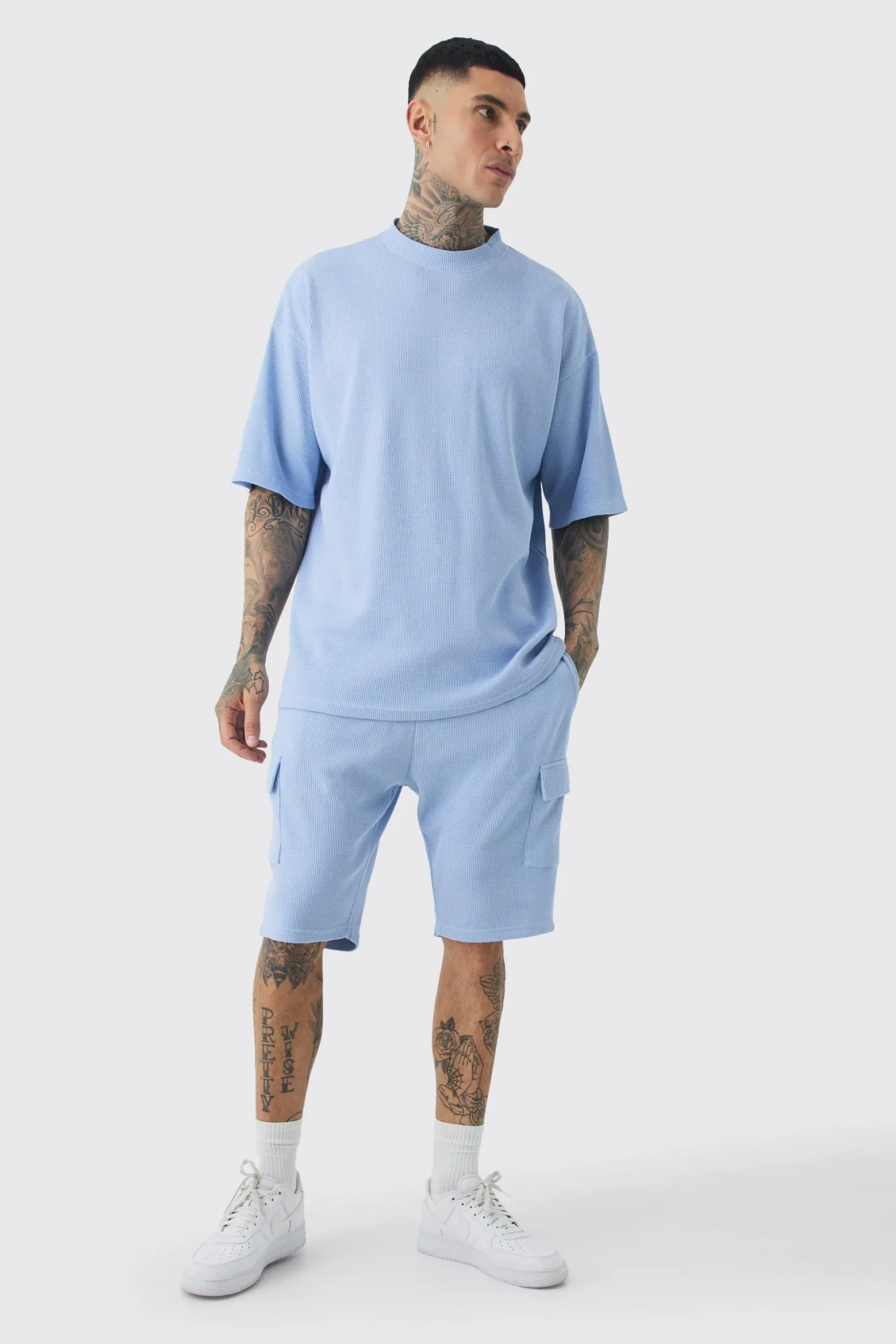 Tall Oversized Waffle T-shirt & Cargo Short Set | BoohooMAN UK