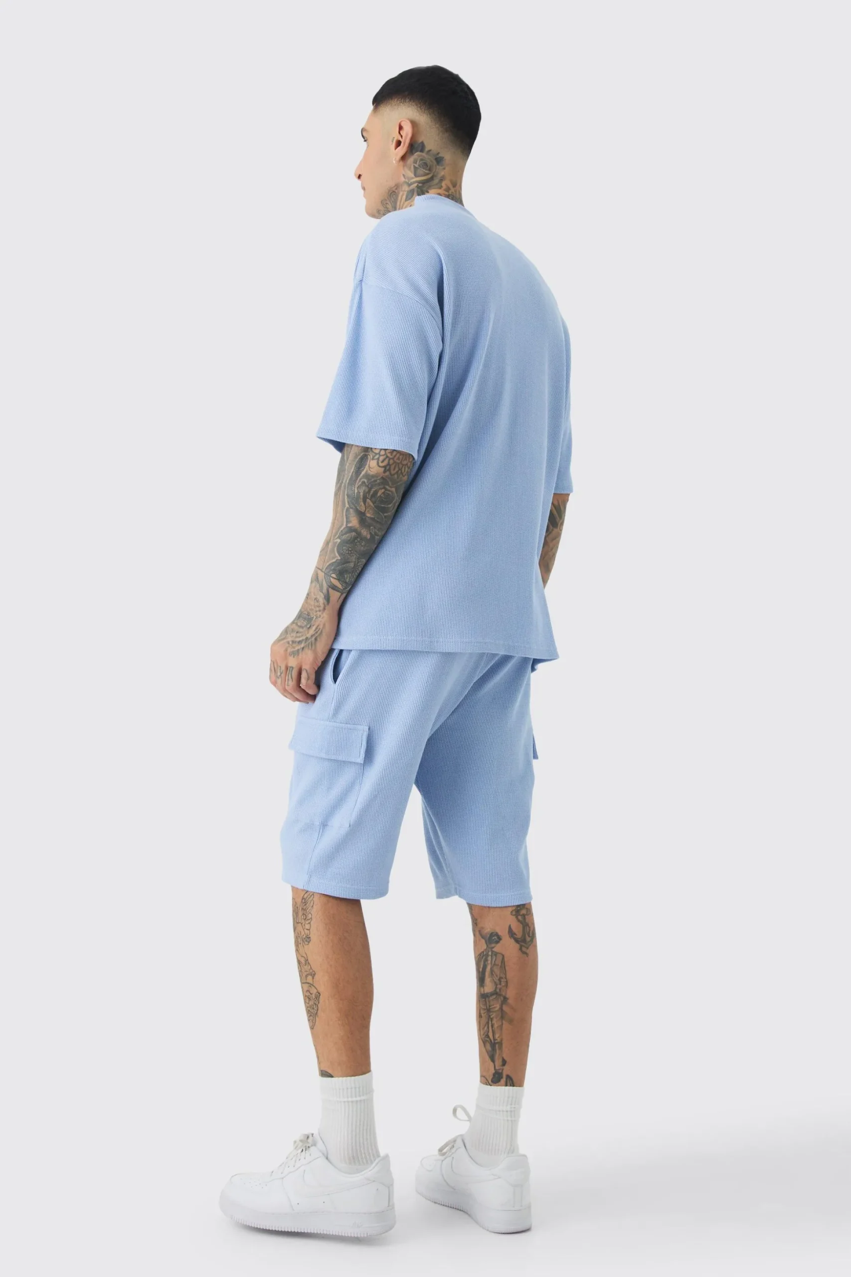 Tall Oversized Waffle T-shirt & Cargo Short Set | BoohooMAN UK