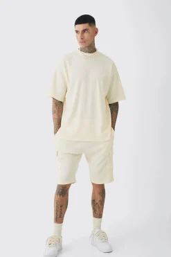 Tall Oversized Waffle T-shirt & Cargo Short Set | BoohooMAN UK