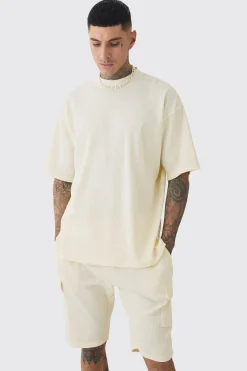 Tall Oversized Waffle T-shirt & Cargo Short Set | BoohooMAN UK
