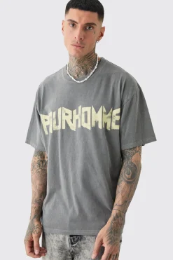 Tall Oversized Washed Pour Homme Print T-shirt | BoohooMAN UK