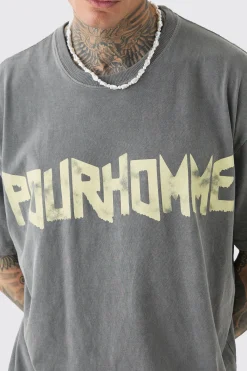 Tall Oversized Washed Pour Homme Print T-shirt | BoohooMAN UK