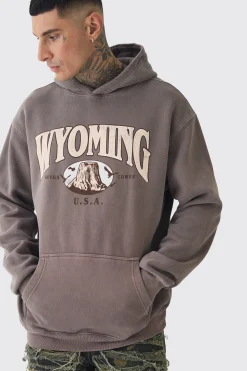 Tall Oversized Washed Wyoming Print Hoodie | BoohooMAN UK