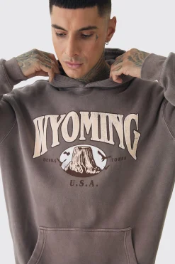 Tall Oversized Washed Wyoming Print Hoodie | BoohooMAN UK