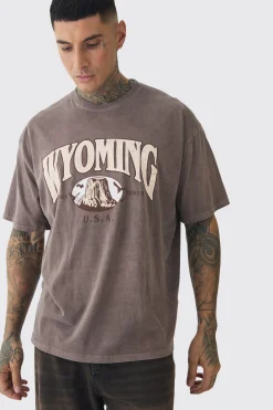 Tall Oversized Washed Wyoming Print T-shirt | BoohooMAN UK
