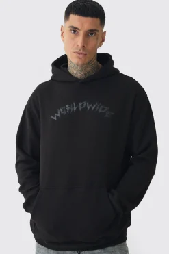 Tall Oversized Worldwide Gothic Cross Print Hoodie | BoohooMAN UK