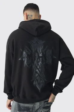 Tall Oversized Worldwide Gothic Cross Print Hoodie | BoohooMAN UK