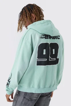 Tall Oversized Zip Thru Heavy Washed Applique Hoodie | BoohooMAN UK