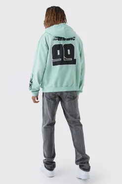 Tall Oversized Zip Thru Heavy Washed Applique Hoodie | BoohooMAN UK