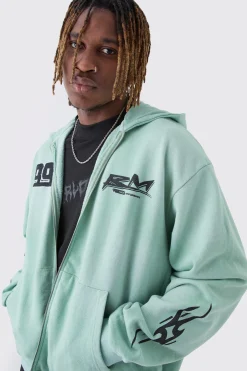 Tall Oversized Zip Thru Heavy Washed Applique Hoodie | BoohooMAN UK
