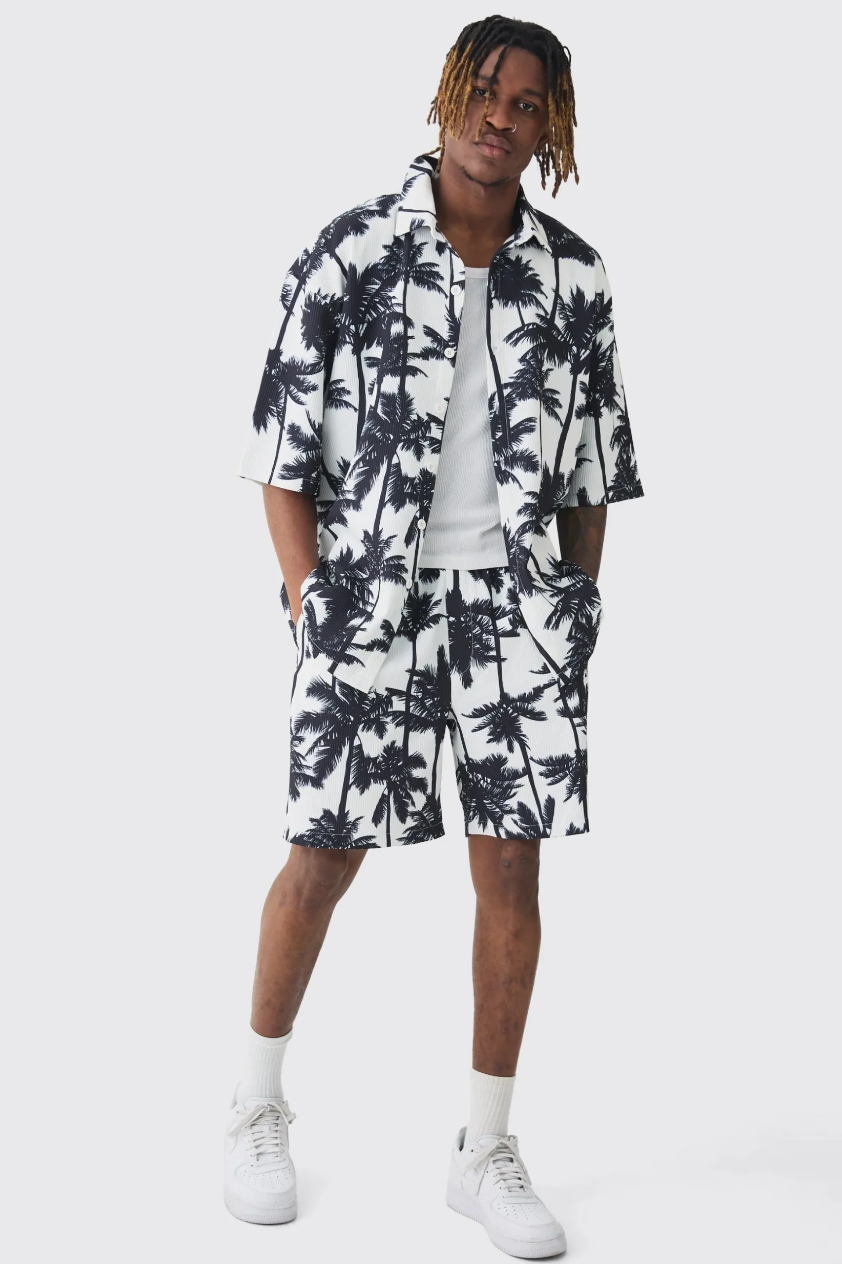 Tall Palm Printed Oversized Short Sleeve Pleated Shirt & Short Set | BoohooMAN UK