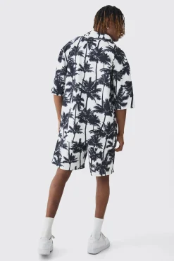 Tall Palm Printed Oversized Short Sleeve Pleated Shirt & Short Set | BoohooMAN UK