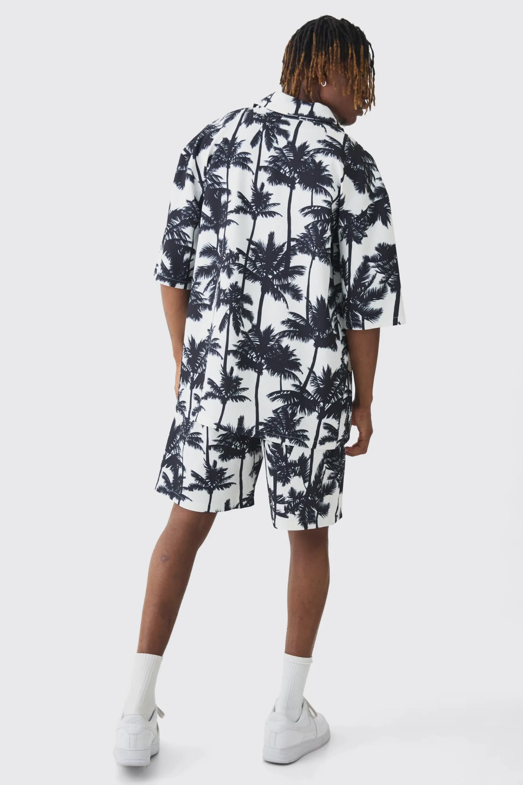 Tall Palm Printed Oversized Short Sleeve Pleated Shirt & Short Set | BoohooMAN UK