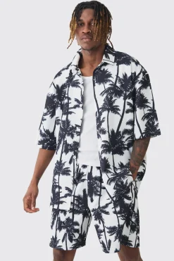 Tall Palm Printed Oversized Short Sleeve Pleated Shirt & Short Set | BoohooMAN UK