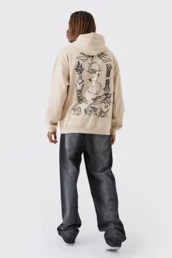 Tall Patchwork Tattoo Print Oversized Hoodie | BoohooMAN UK