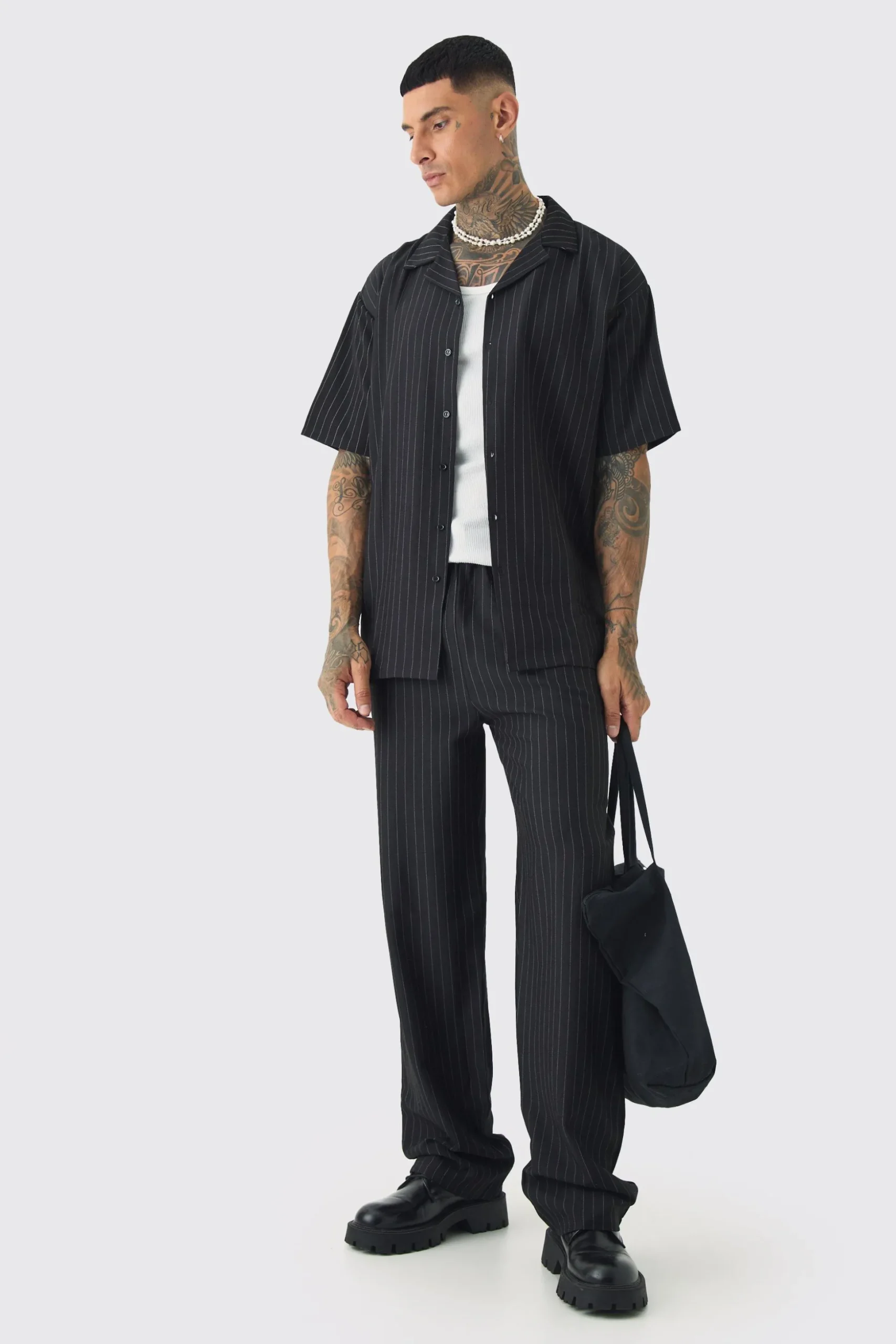 Tall Pinstripe Revere Shirt & Relaxed Trouser Set | BoohooMAN UK
