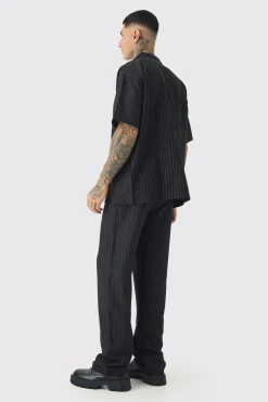 Tall Pinstripe Revere Shirt & Relaxed Trouser Set | BoohooMAN UK