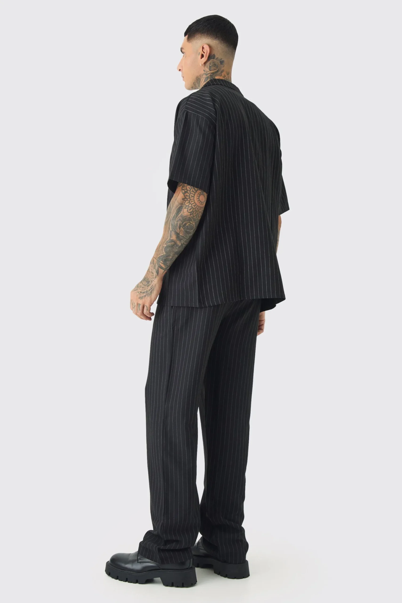 Tall Pinstripe Revere Shirt & Relaxed Trouser Set | BoohooMAN UK