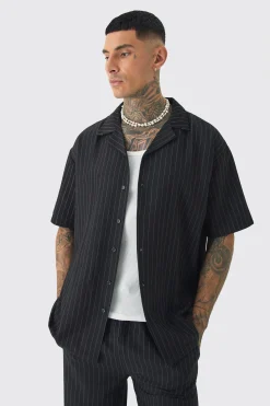 Tall Pinstripe Revere Shirt & Relaxed Trouser Set | BoohooMAN UK