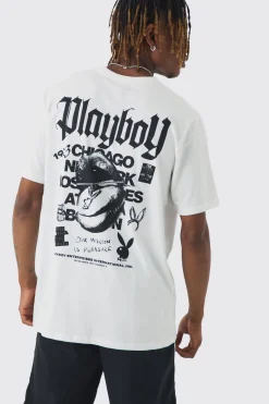 Tall Playboy Back Printed Licensed T-shirt In White | BoohooMAN UK