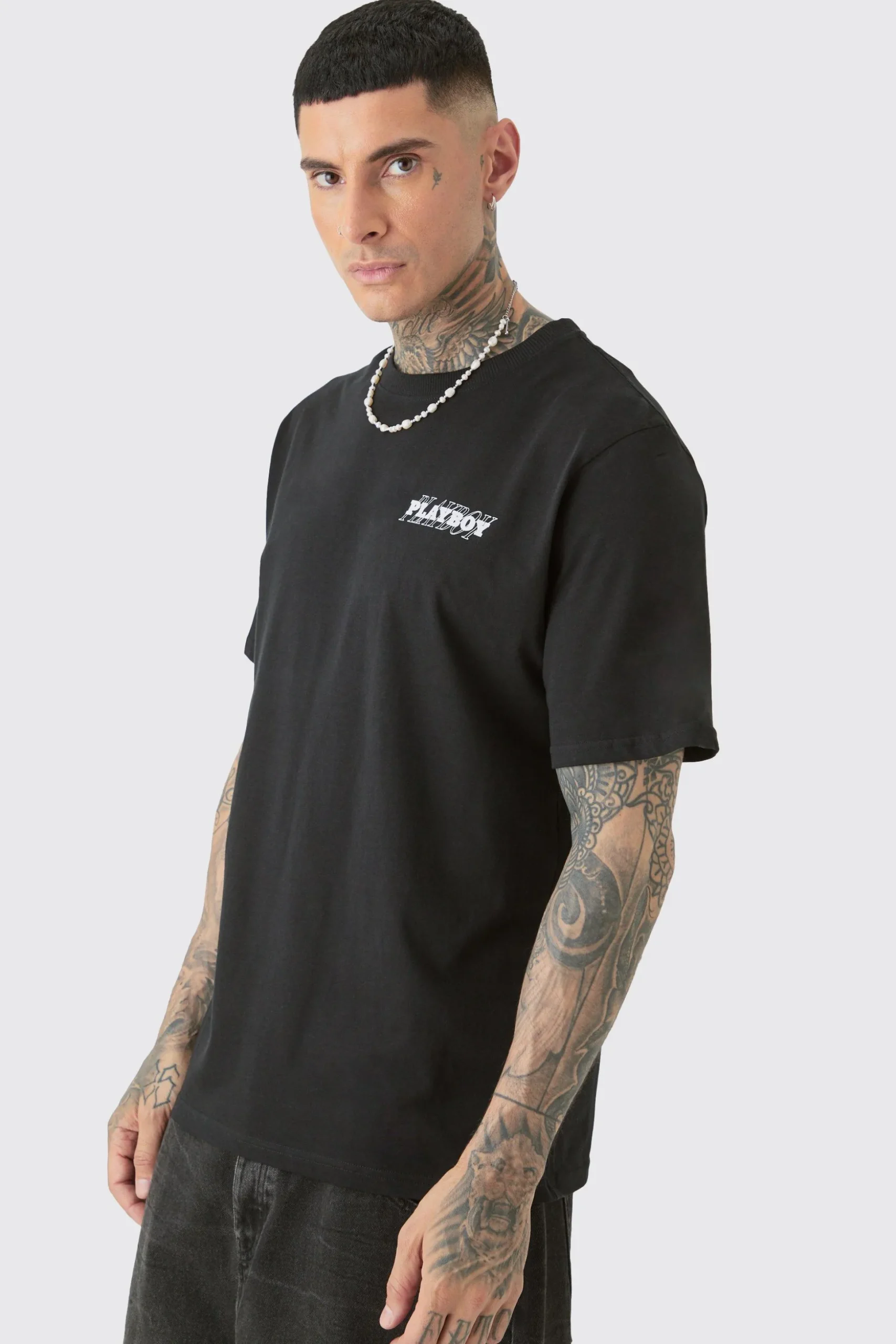 Tall Playboy License Check Print T-shirt In Black | BoohooMAN UK