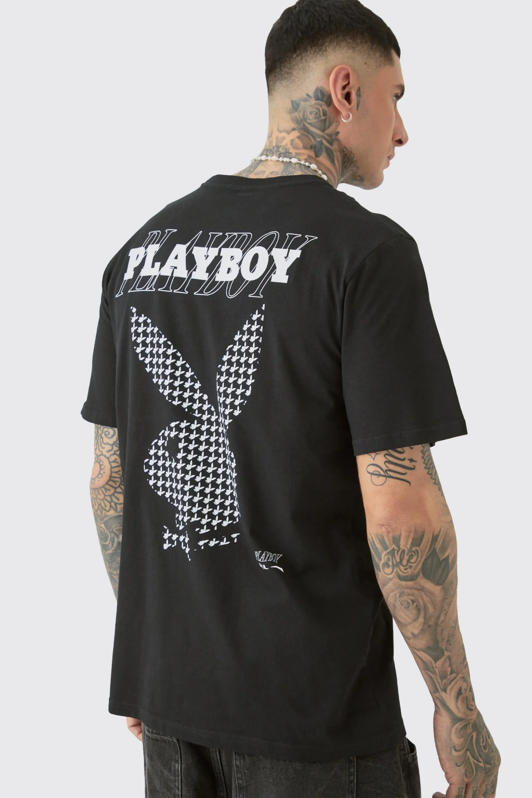 Tall Playboy License Check Print T-shirt In Black | BoohooMAN UK