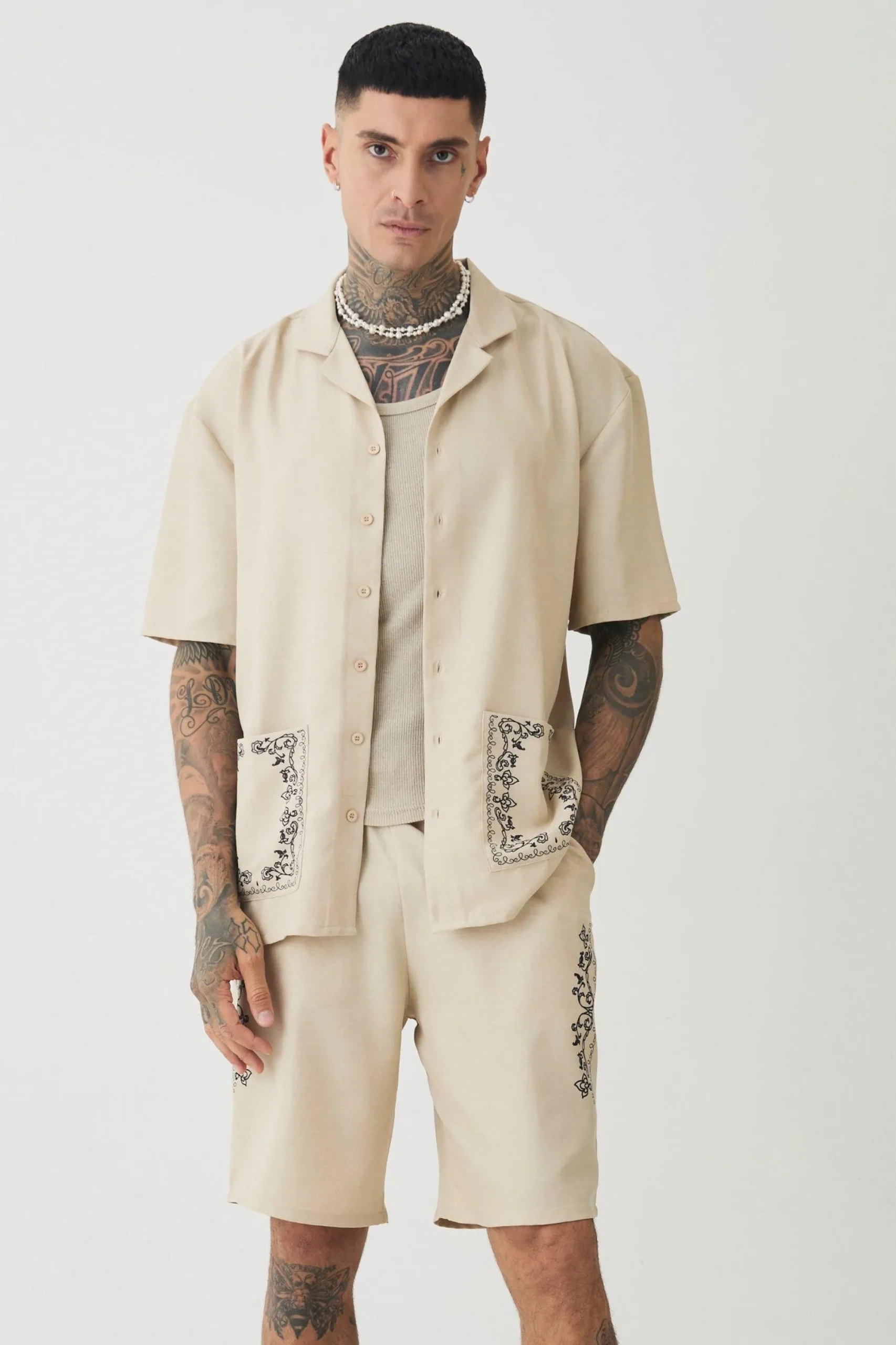 Tall Pocket Detail Smart Linen Look Shirt & Short Set | BoohooMAN UK