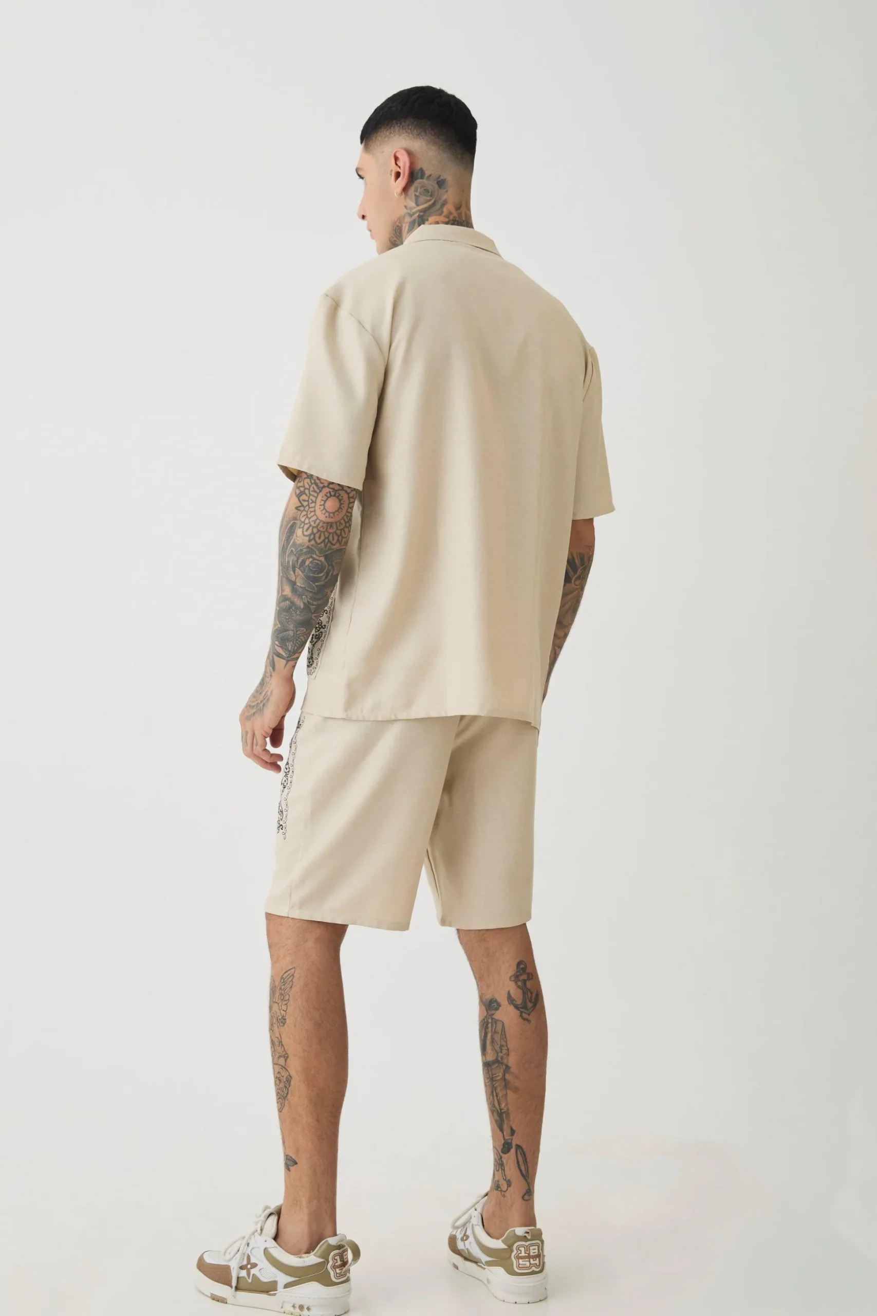 Tall Pocket Detail Smart Linen Look Shirt & Short Set | BoohooMAN UK