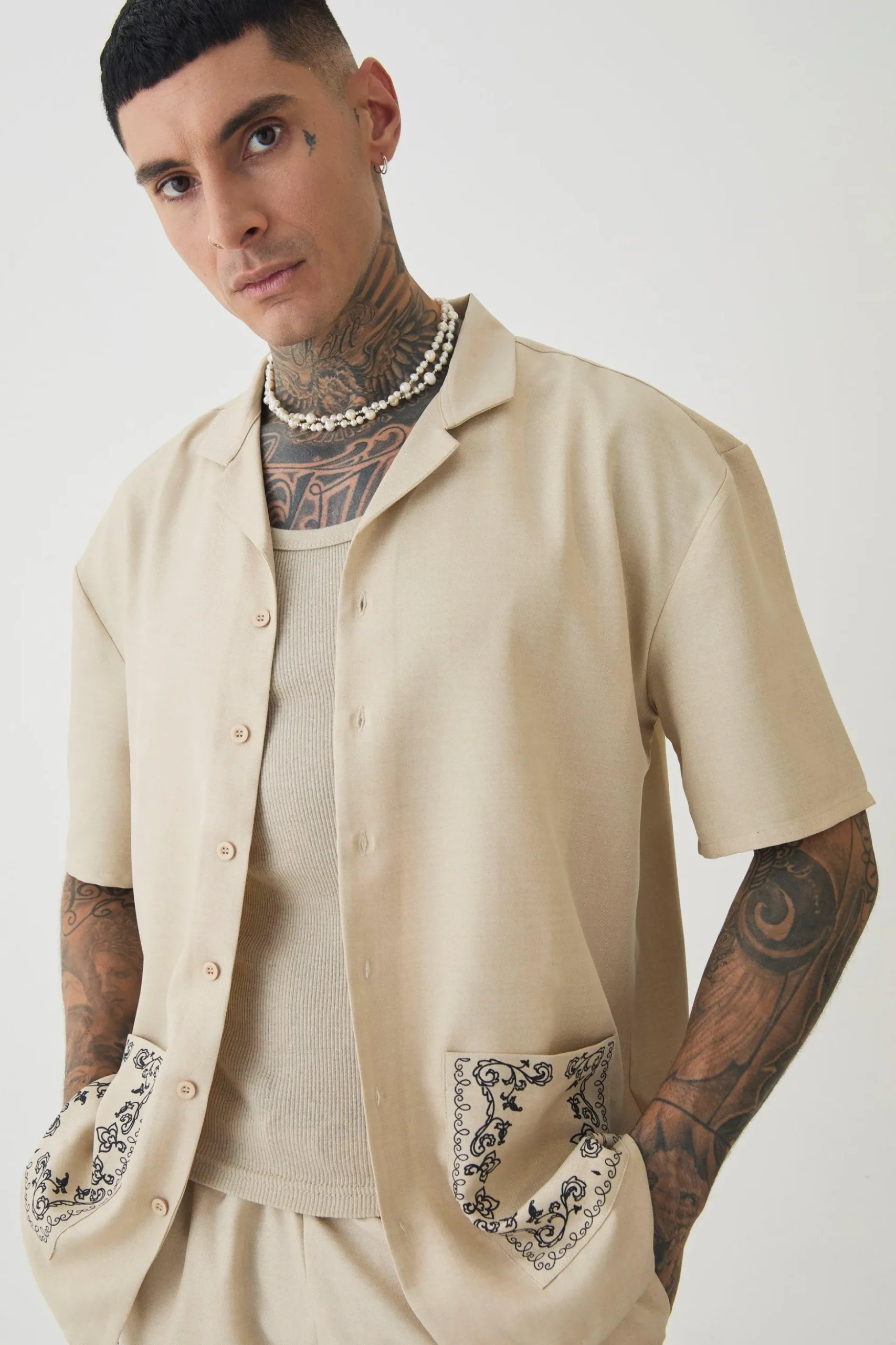 Tall Pocket Detail Smart Linen Look Shirt & Short Set | BoohooMAN UK