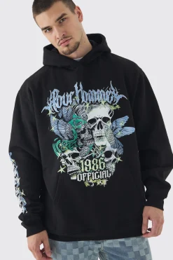 Tall Pour Homme Butterfly Print Oversized Hoodie In Black | BoohooMAN UK