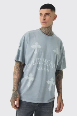 Tall Pour Homme Cross Printed T-shirt In Grey | BoohooMAN UK