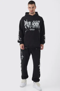 Tall Pour Homme Cross Print Oversized Tracksuit In Black | BoohooMAN UK