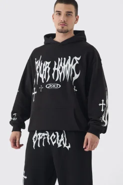 Tall Pour Homme Cross Print Oversized Tracksuit In Black | BoohooMAN UK
