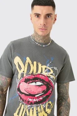 Tall Pour Homme Lips T-shirt In Acid Wash | BoohooMAN UK